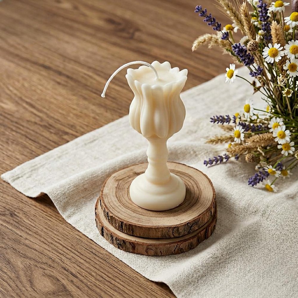 5" Ivory Unscented Dimensional Flower Candle Round Novelty