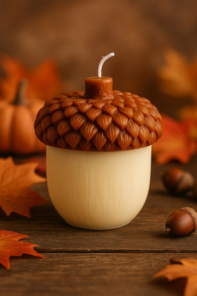 4" Brown And Ivory Latte And Pumpkin Scented Dimensional Acorn Candle. Candle in brown.