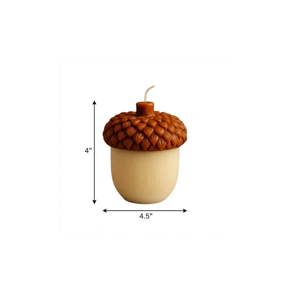 4" Brown And Ivory Latte And Pumpkin Scented Dimensional Acorn Candle