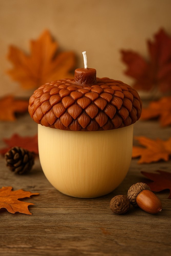 4" Brown And Ivory Latte And Pumpkin Scented Dimensional Acorn Candle. Candle in brown.