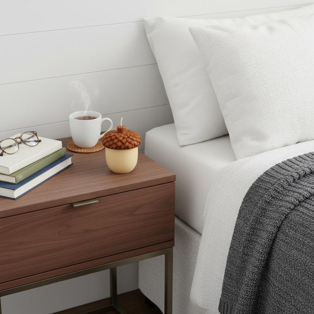 4" Brown And Ivory Latte And Pumpkin Scented Dimensional Acorn Candle displayed on a tabletop in a furnished interior against an off-white wall.
