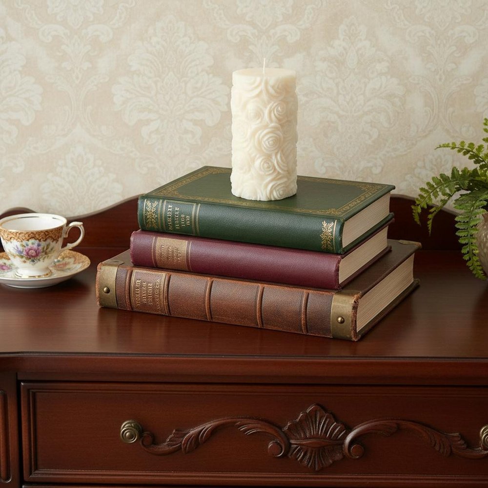 2" Ivory Day at the Spa Scented Candle Cylinder Pillar displayed on a tabletop in a furnished interior against a cream wall.