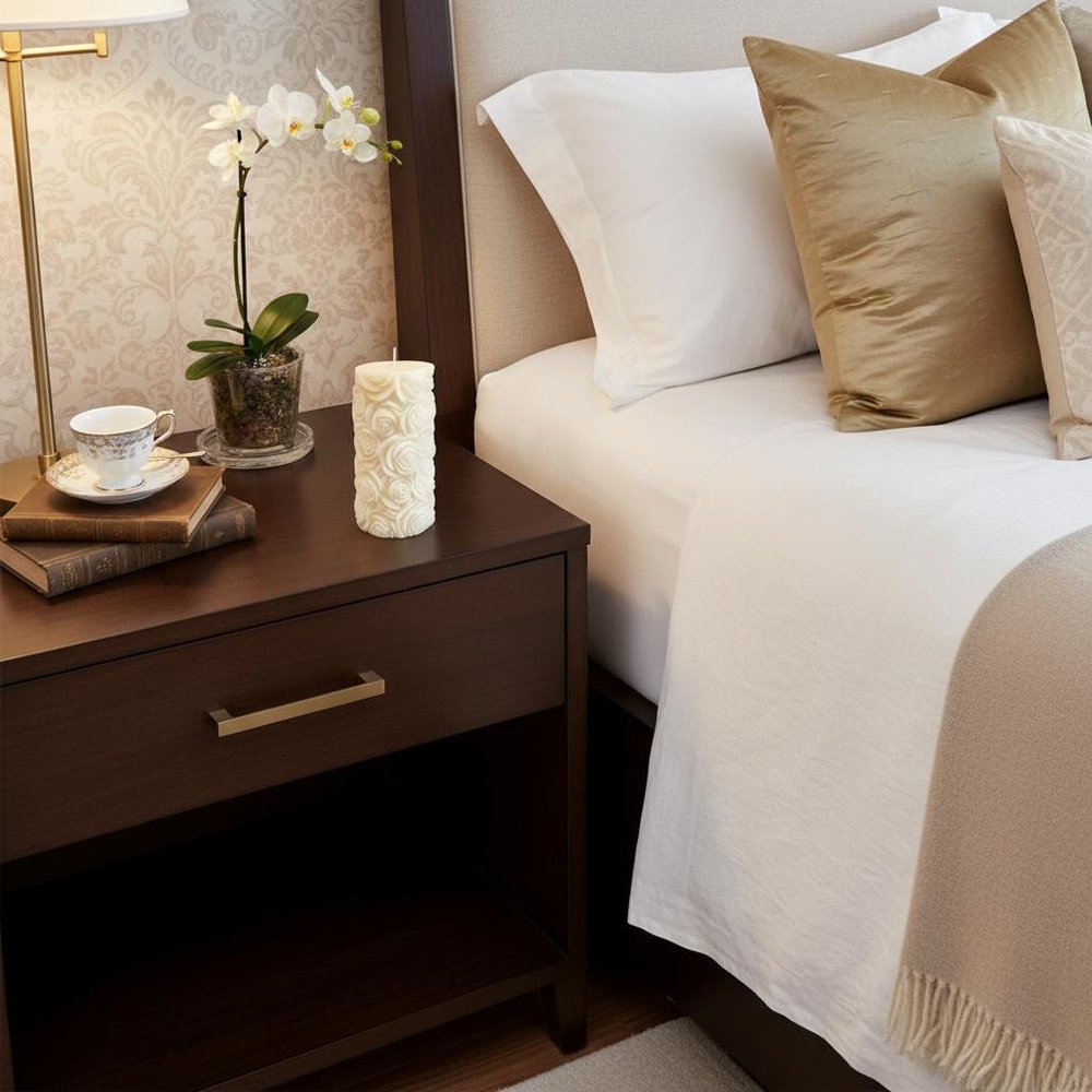 2" Ivory Day at the Spa Scented Candle Cylinder Pillar displayed on a tabletop in a furnished interior against a tan wall.