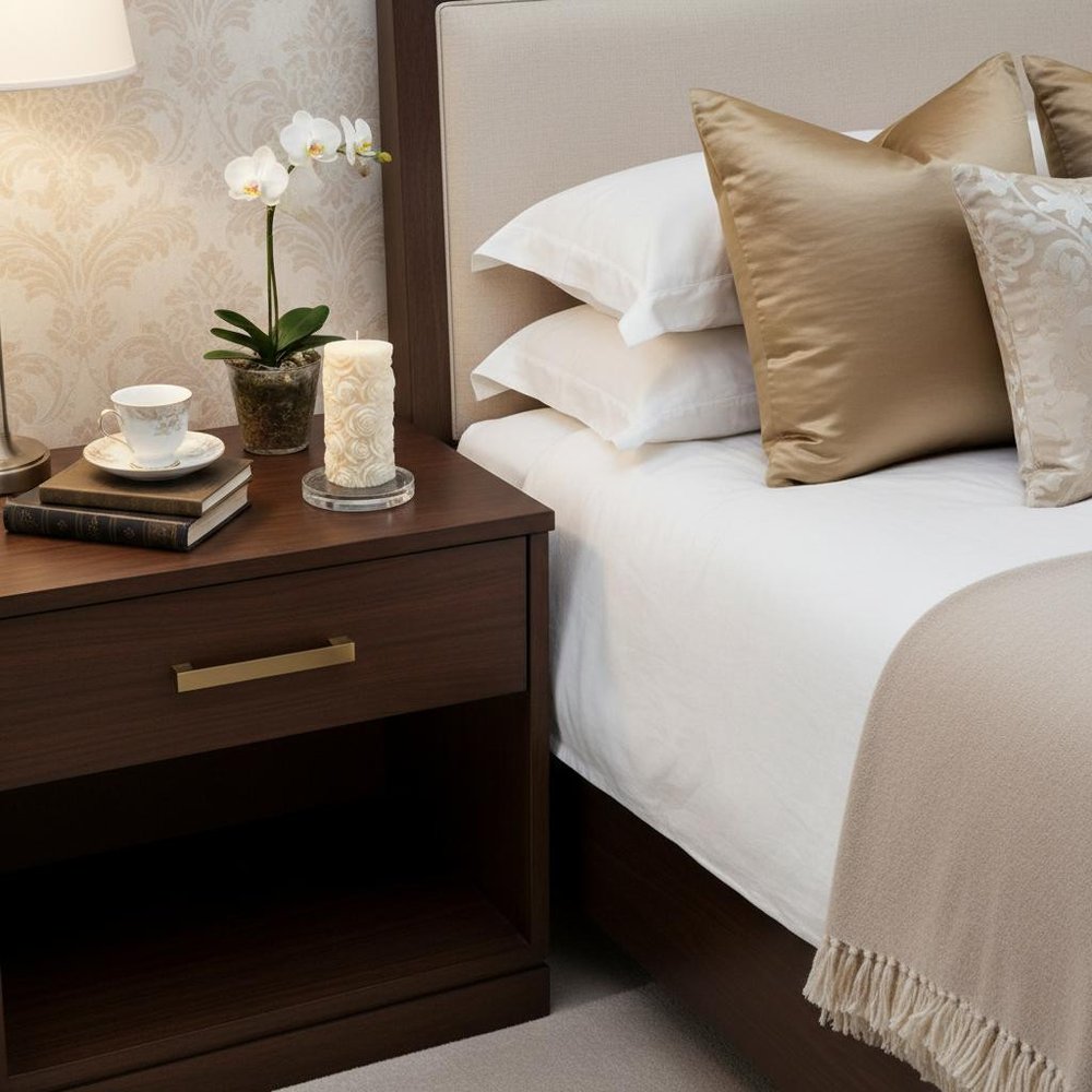 2" Ivory Day at the Spa Scented Candle Cylinder Pillar displayed on a tabletop in a furnished interior against a tan wall.