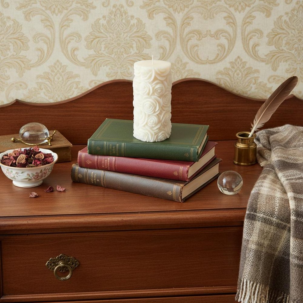 2" Ivory Day at the Spa Scented Candle Cylinder Pillar displayed on a dark wood tabletop in a furnished interior against a cream wall.