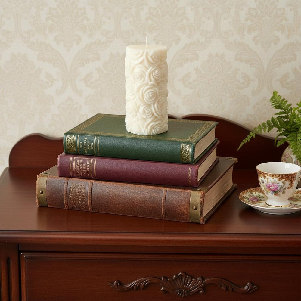 2" Ivory Day at the Spa Scented Candle Cylinder Pillar displayed on a tabletop in a furnished interior against a cream wall.