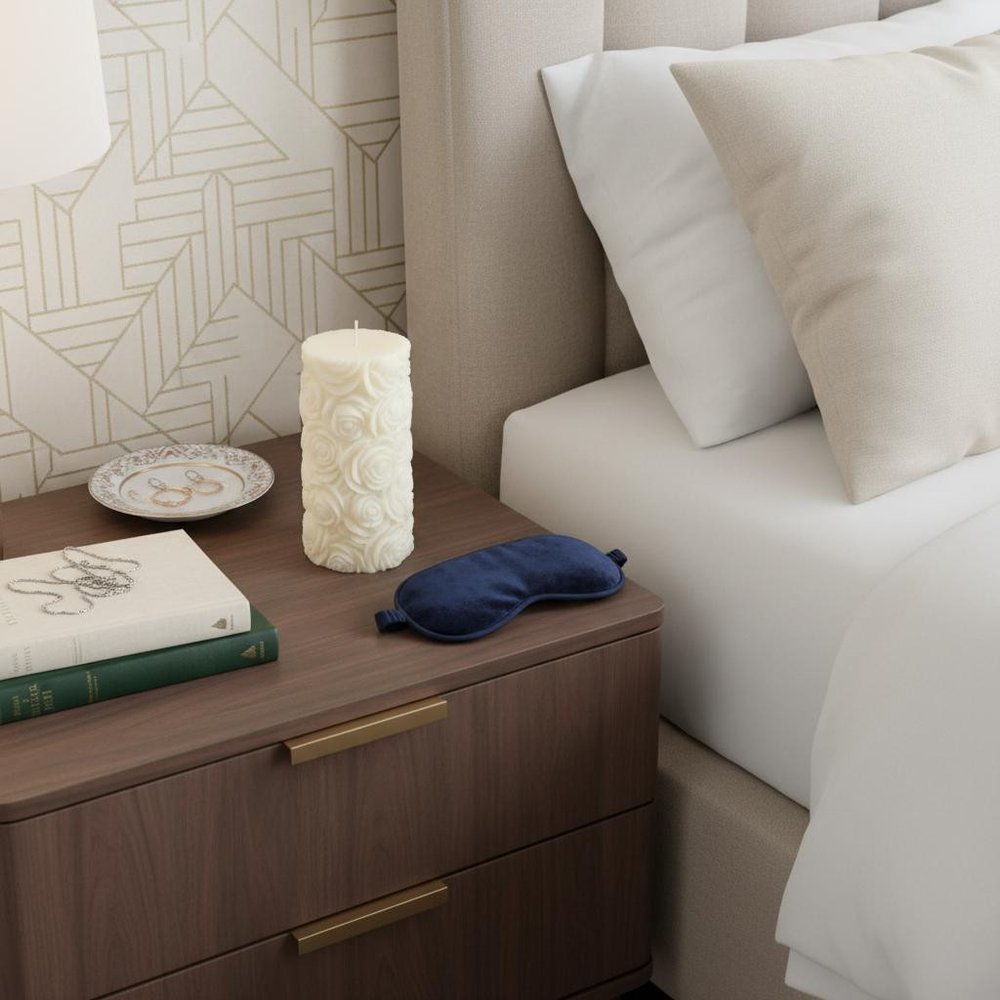 2" Ivory Day at the Spa Scented Candle Cylinder Pillar displayed on a dark wood tabletop in a furnished interior against an off-white wall.