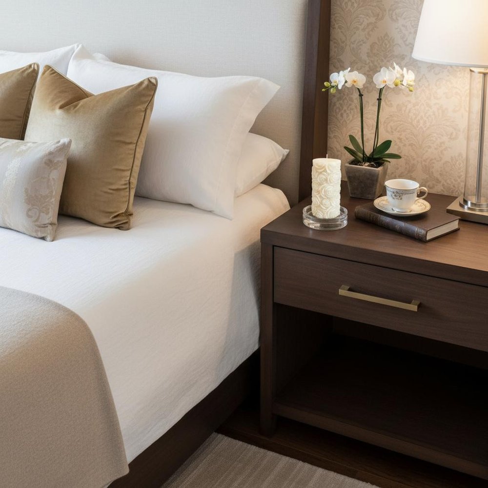 2" Ivory Day at the Spa Scented Candle Cylinder Pillar displayed on a tabletop in a furnished interior against an off-white wall.