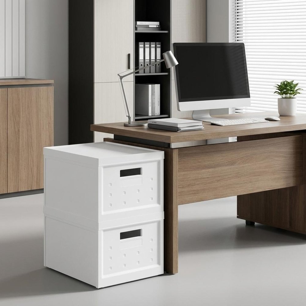 Set of Two White Collapsible Heavy Duty Plastic Cubes With Lids in a home interior