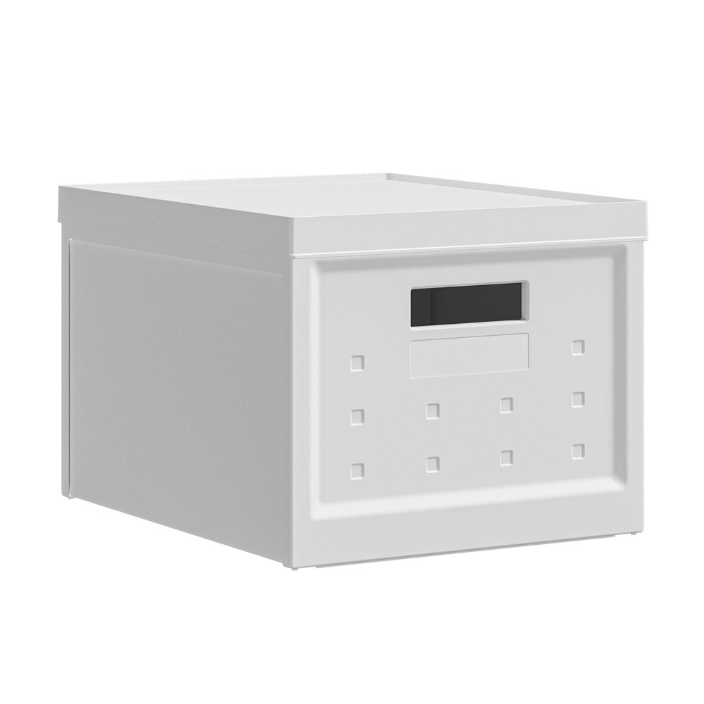 Set of Two White Collapsible Heavy Duty Plastic Cubes With Lids on a white background