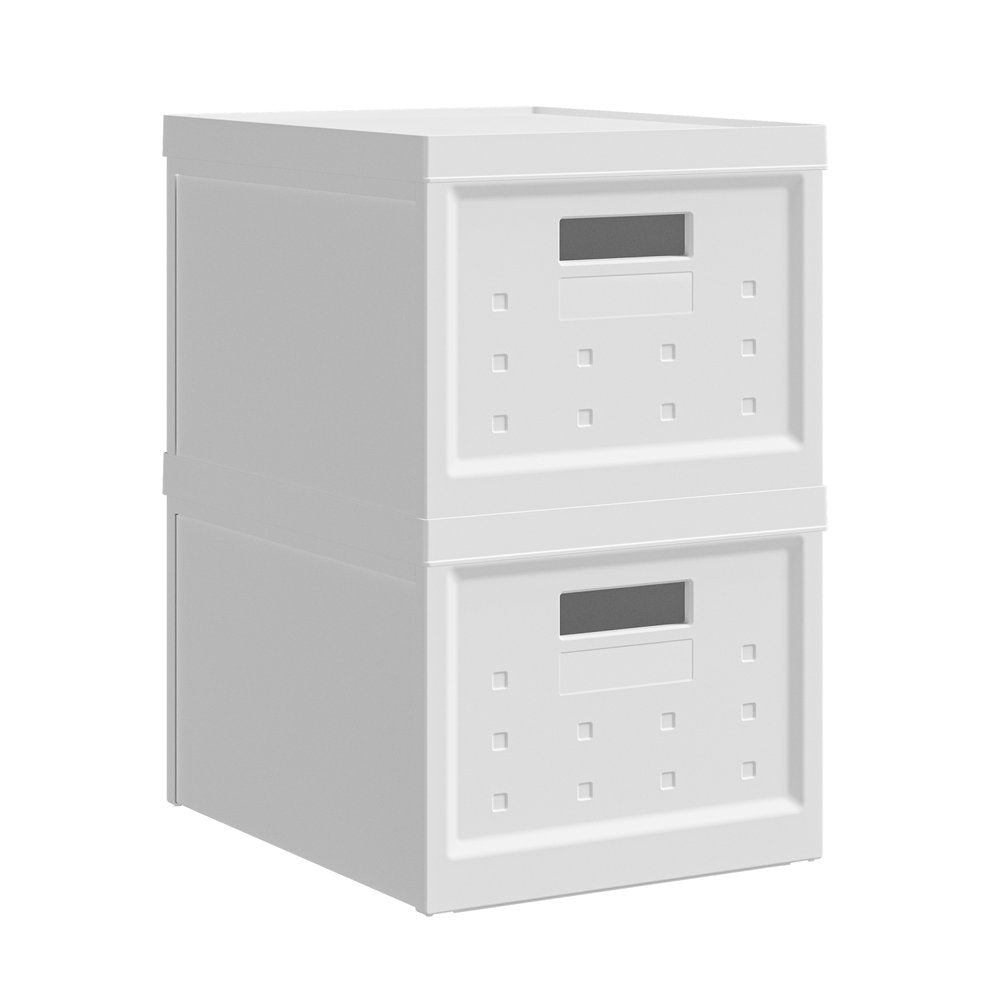 Set of Two White Collapsible Heavy Duty Plastic Cubes With Lids on a white background
