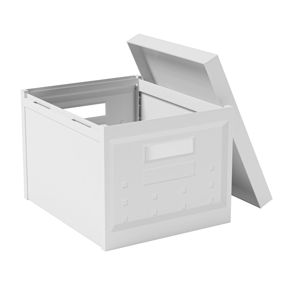 Set of Two White Collapsible Heavy Duty Plastic Cubes With Lids on a white background