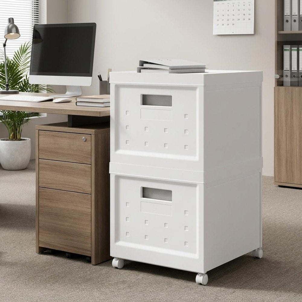 Set Of Two White Plastic Rolling Filing Cabinet styled in a furnished interior with an off-white wall on a wood floor.