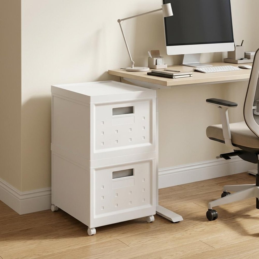 Set Of Two White Plastic Rolling Filing Cabinet. Filing cabinet in white plastic.
