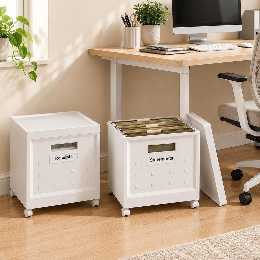 Set Of Two White Plastic Rolling Filing Cabinet styled in a furnished interior with a cream wall on the floor.