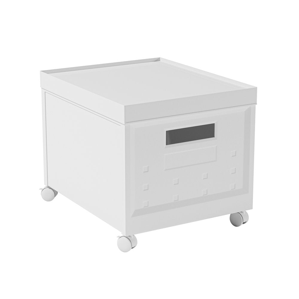 Set Of Two White Plastic Rolling Filing Cabinet. Filing cabinet isolated on a plain white background, showing a white plastic surface.