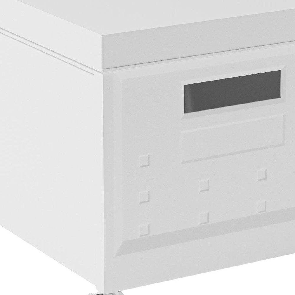 Set Of Two White Plastic Rolling Filing Cabinet. Filing cabinet isolated on a plain white background, in a white plastic finish.