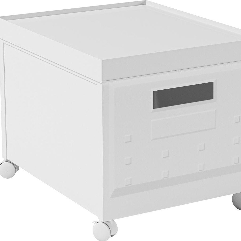 Set Of Two White Plastic Rolling Filing Cabinet. Filing cabinet isolated on a plain white background, finished in white plastic.