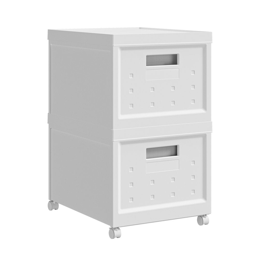 Set Of Two White Plastic Rolling Filing Cabinet. Filing cabinet isolated on a plain white background, in a white plastic finish.