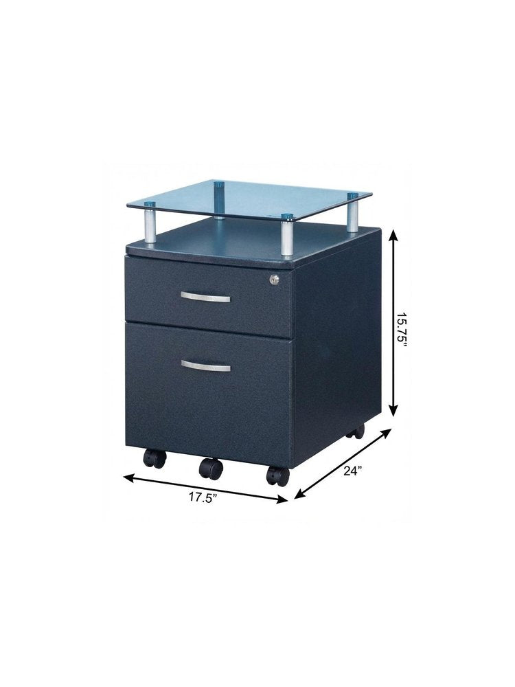 16" Graphite Glass Wood And Metal Two Drawers Filing Cabinet