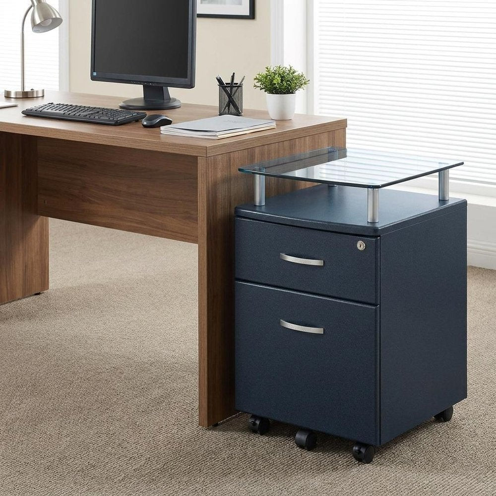 Close-up of Gray Glass And Metal Two Drawer Rolling Filing Cabinet showing gray glass detail.