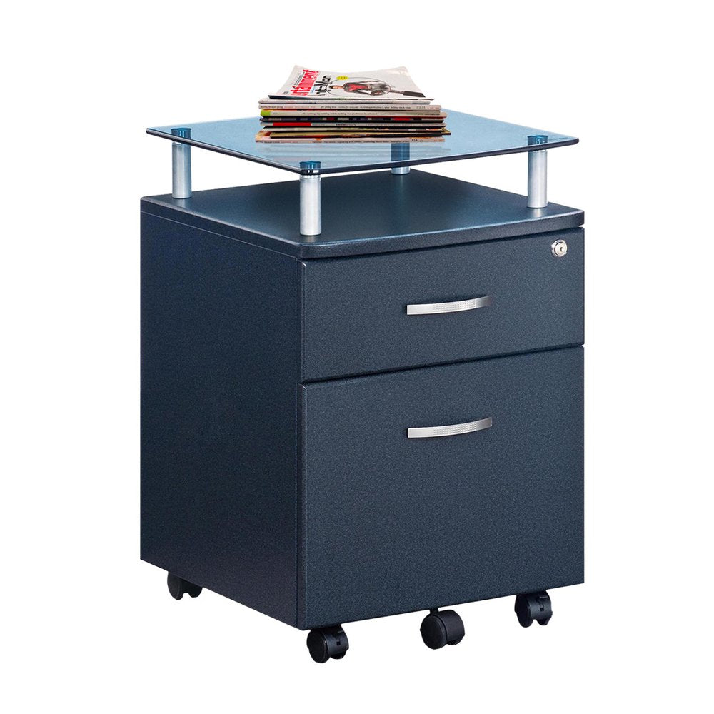 16" Graphite Glass Wood And Metal Two Drawers Filing Cabinet