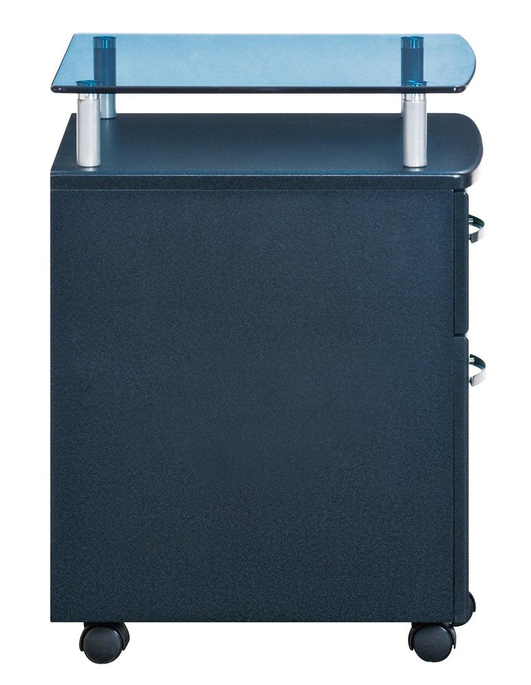 Gray Glass And Metal Two Drawer Rolling Filing Cabinet. Filing cabinet isolated on a plain white background, in a gray glass finish.