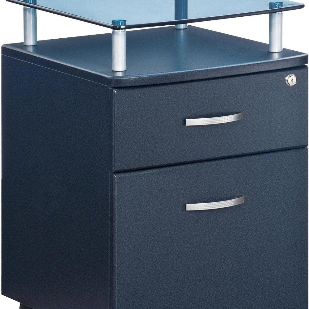 Gray Glass And Metal Two Drawer Rolling Filing Cabinet.