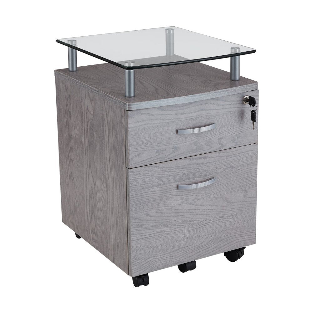 Gray Glass And Metal Two Drawer Rolling Filing Cabinet. Filing cabinet isolated on a plain white background, showing a gray glass surface.
