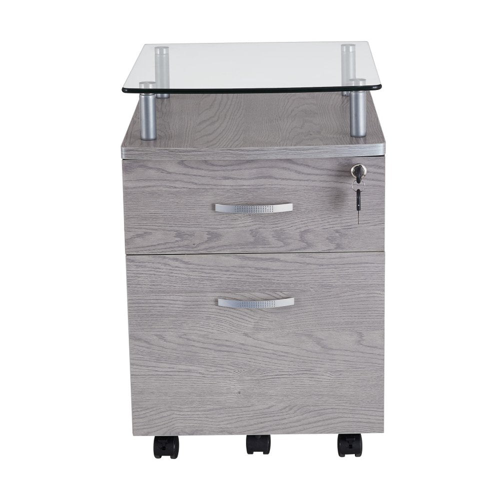 Gray Glass And Metal Two Drawer Rolling Filing Cabinet. Filing cabinet isolated on a plain white background, showing a gray glass surface.