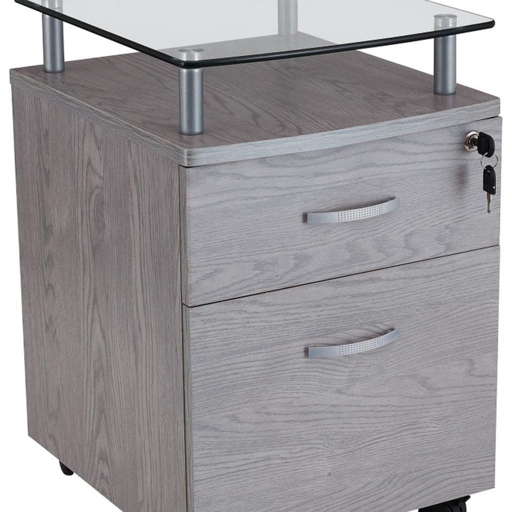 Gray Glass And Metal Two Drawer Rolling Filing Cabinet detail shot of the gray glass finish.