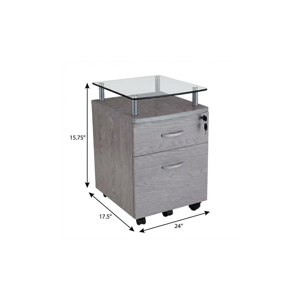 16" Graphite Glass Wood And Metal Two Drawers Filing Cabinet