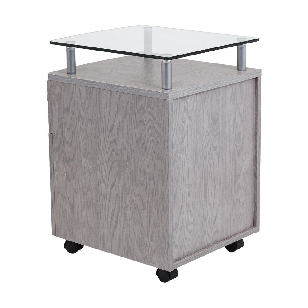 Gray Glass And Metal Two Drawer Rolling Filing Cabinet. Filing cabinet isolated on a plain white background, in a gray glass finish.