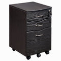 25" Espresso Wood Three Drawer Rolling Filing Cabinet. Filing cabinet isolated on a plain white background, finished in charcoal wood.