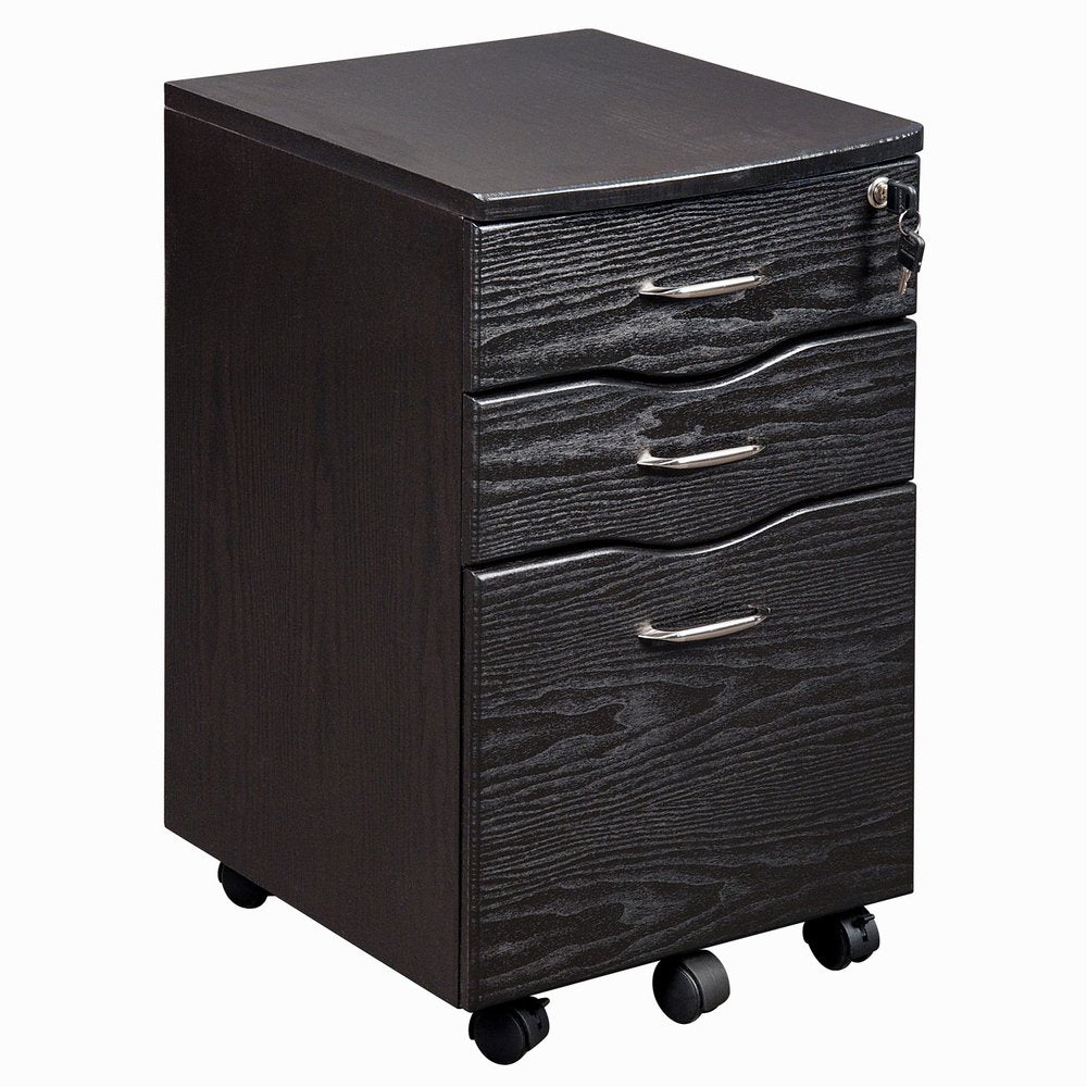 Espresso wood three-drawer filing cabinet with silver handles and casters on a white background.