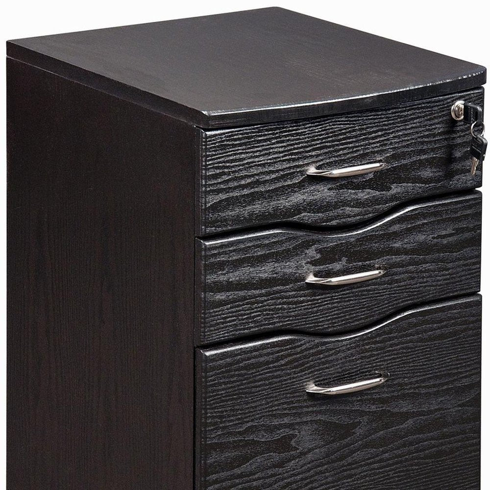 Close-up of 25" Espresso Wood Three Drawer Rolling Filing Cabinet showing the charcoal wood texture.