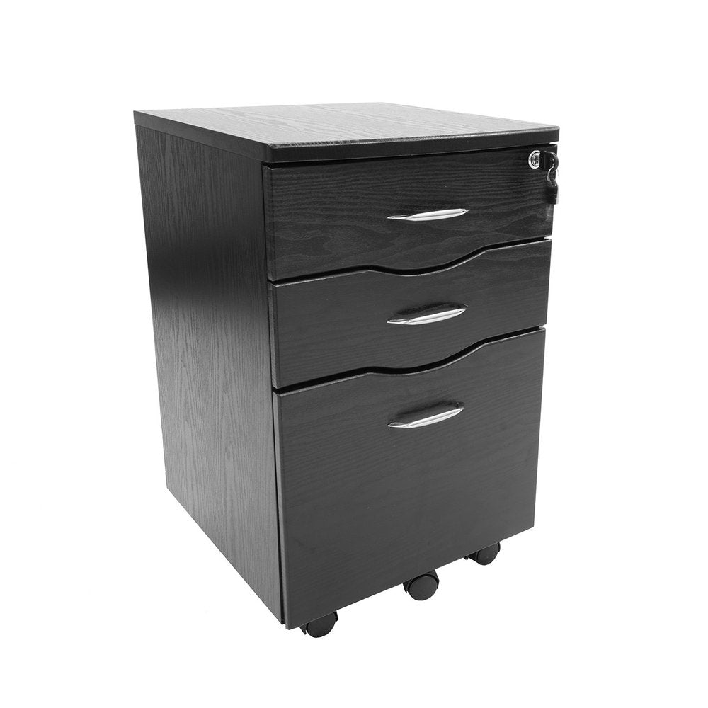 25" Espresso Wood Three Drawer Rolling Filing Cabinet. Filing cabinet isolated on a plain white background, showing a charcoal wood surface.