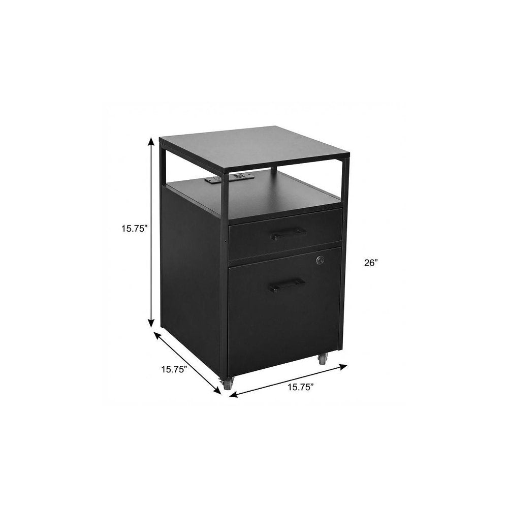 16" Black Wood And Metal Two Drawers Filing Cabinet