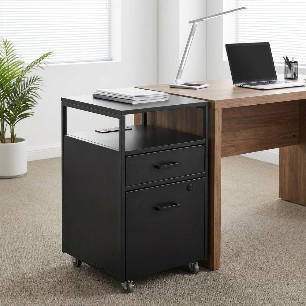 Close-up of 26" Black Wood And Metal Two Drawer Rolling Filing Cabinet With USB showing black metal detail.