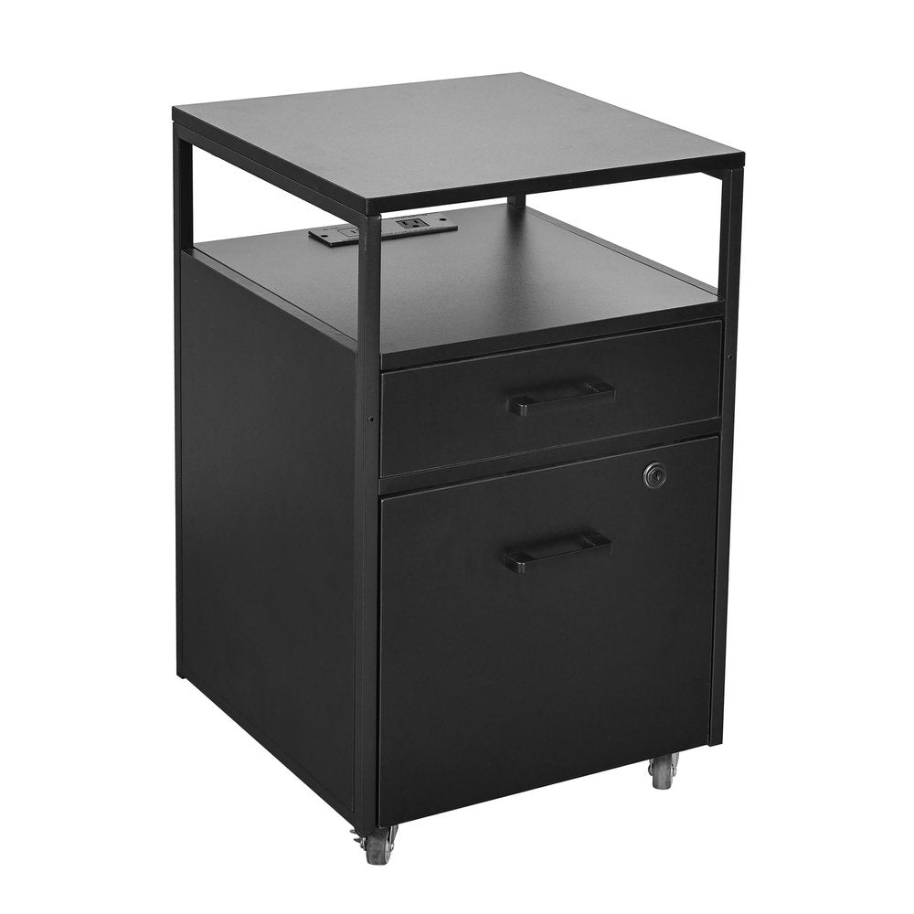 26" Black Wood And Metal Two Drawer Rolling Filing Cabinet With USB. Filing cabinet isolated on a plain white background, showing a black metal surface.
