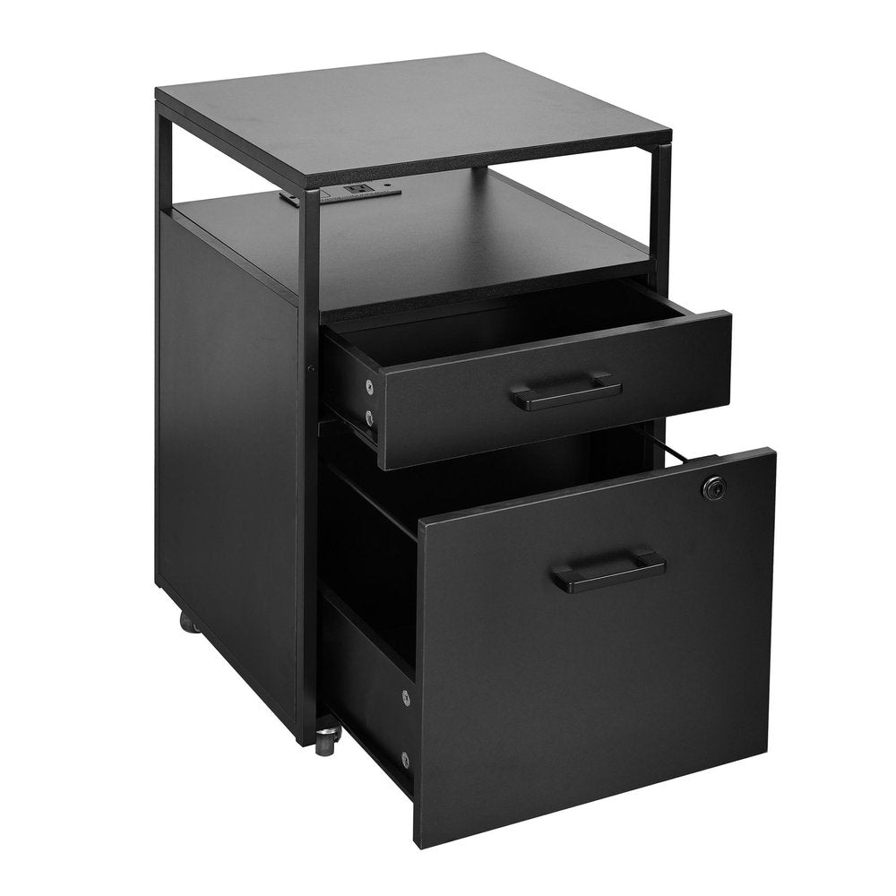 26" Black Wood And Metal Two Drawer Rolling Filing Cabinet With USB. Filing cabinet isolated on a plain white background, finished in black metal.