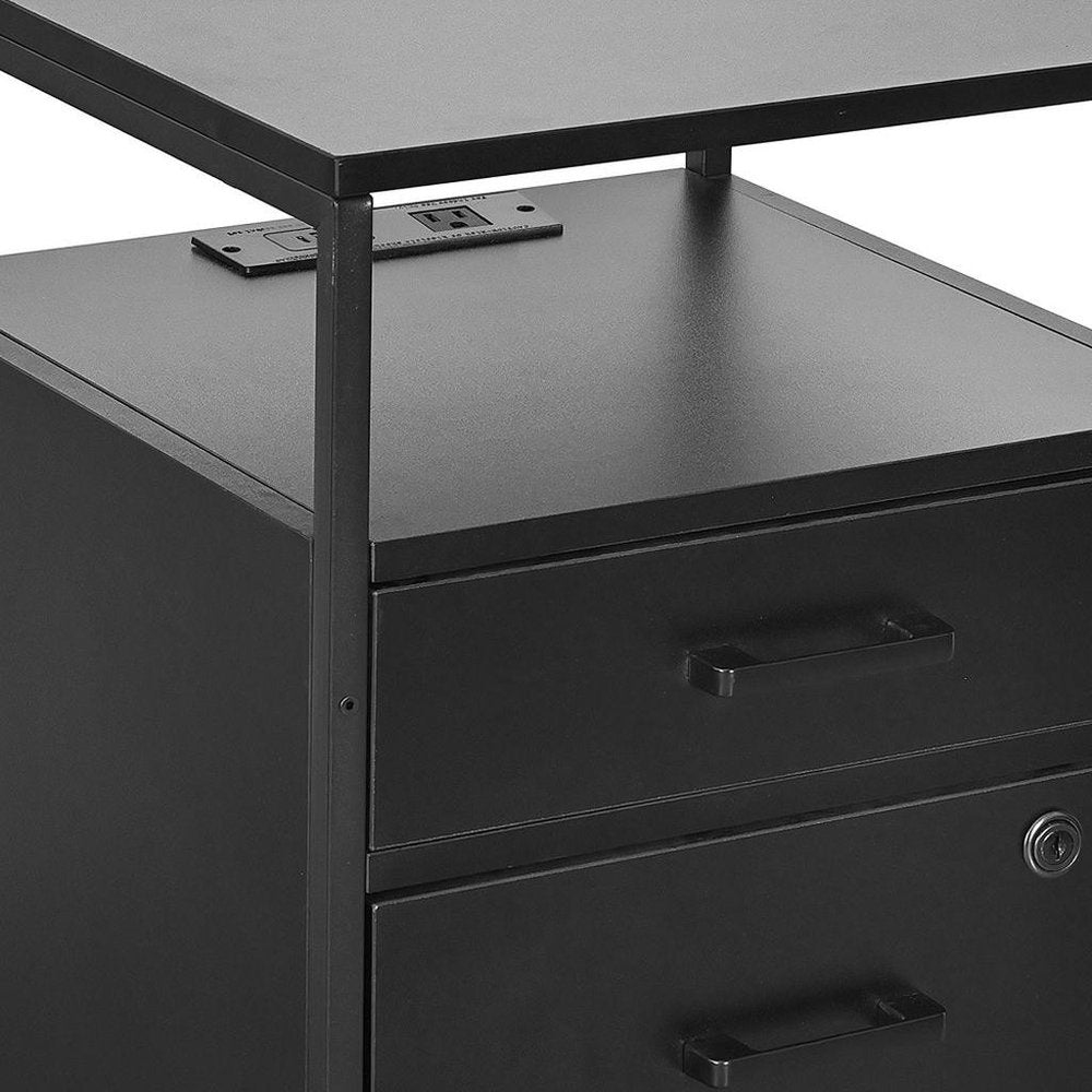 Close-up of 26" Black Wood And Metal Two Drawer Rolling Filing Cabinet With USB showing the black metal texture.
