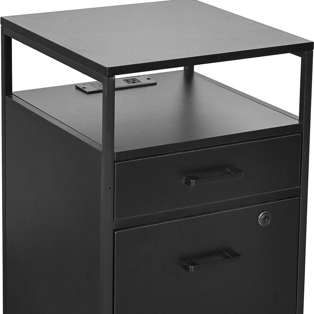 Cropped view of 26" Black Wood And Metal Two Drawer Rolling Filing Cabinet With USB focusing on the black metal surface.