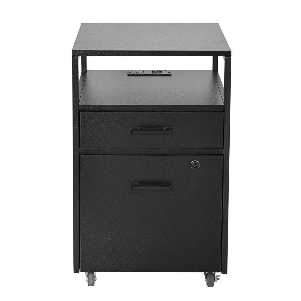 26" Black Wood And Metal Two Drawer Rolling Filing Cabinet With USB. Filing cabinet isolated on a plain white background, showing a black metal surface.