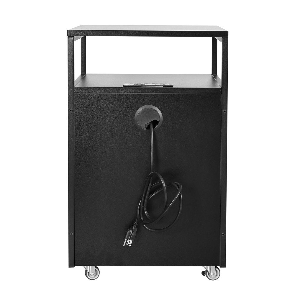26" Black Wood And Metal Two Drawer Rolling Filing Cabinet With USB. Filing cabinet isolated on a plain white background, in a black metal finish.