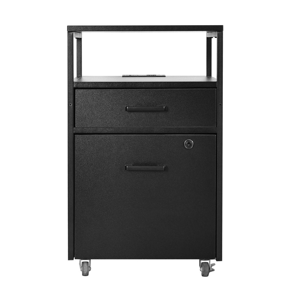 26" Black Wood And Metal Two Drawer Rolling Filing Cabinet With USB. Filing cabinet isolated on a plain white background, showing a black metal surface.
