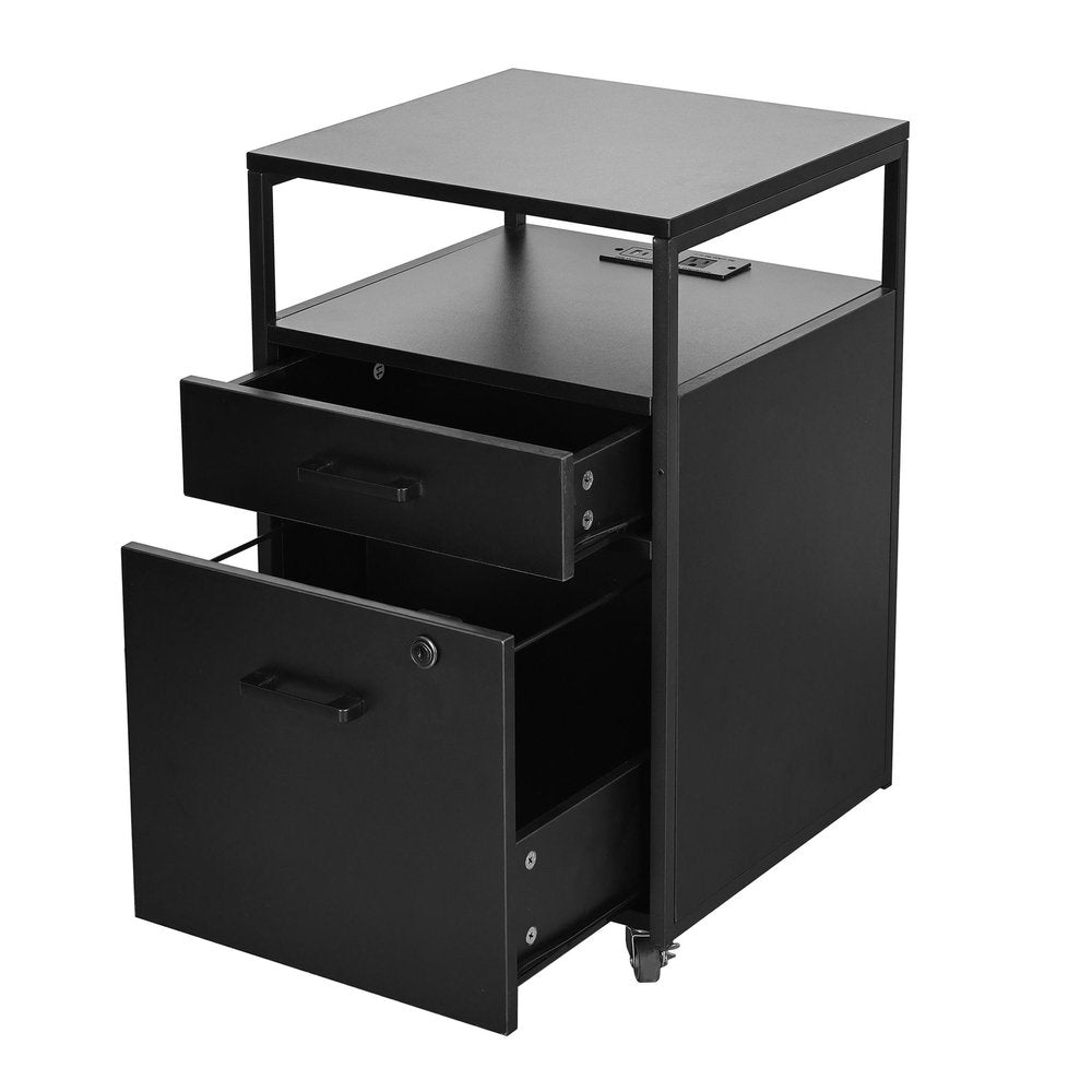 26" Black Wood And Metal Two Drawer Rolling Filing Cabinet With USB. Filing cabinet isolated on a plain white background, in a black metal finish.
