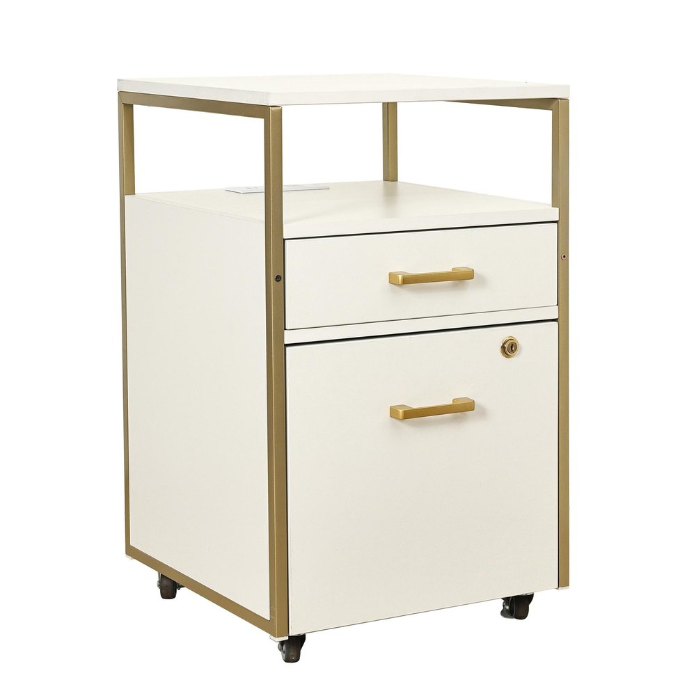 26" Black Wood And Metal Two Drawer Rolling Filing Cabinet With USB. Filing cabinet isolated on a plain white background, showing a metal surface.