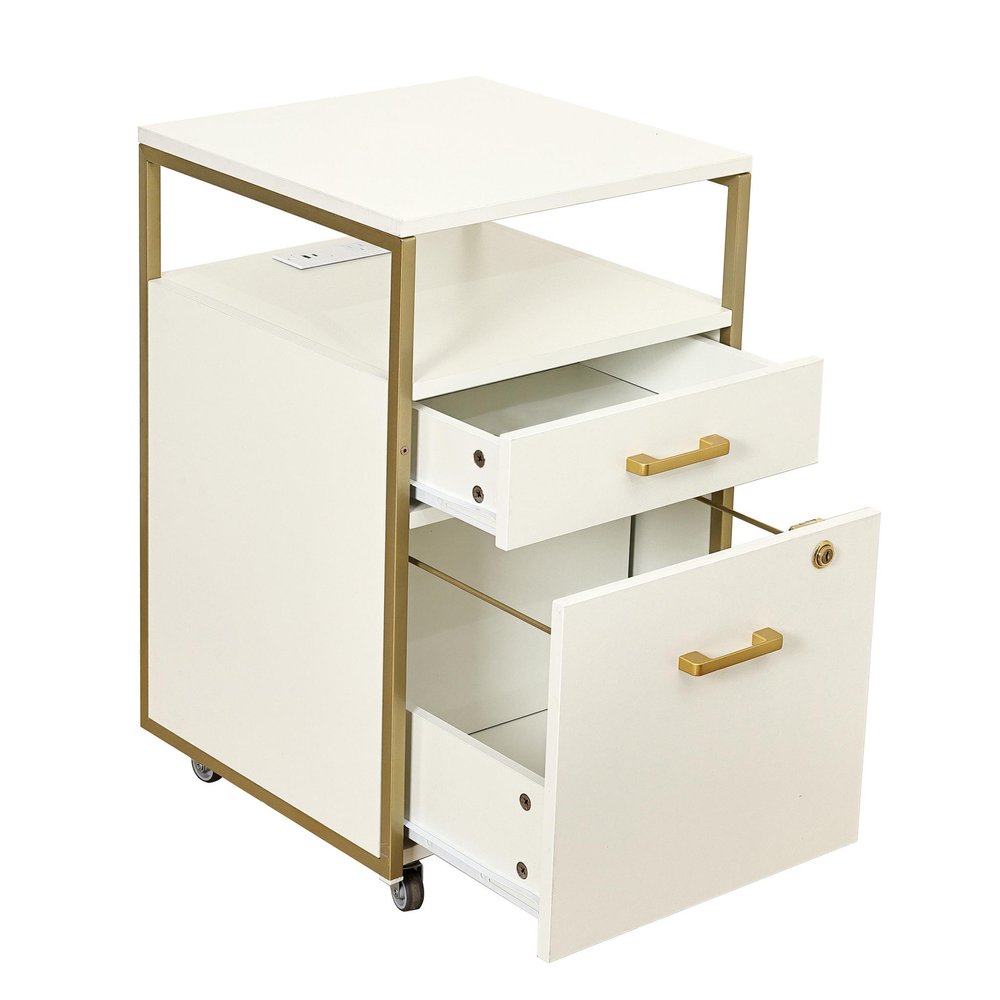 26" Black Wood And Metal Two Drawer Rolling Filing Cabinet With USB. Filing cabinet isolated on a plain white background, showing a metal surface.