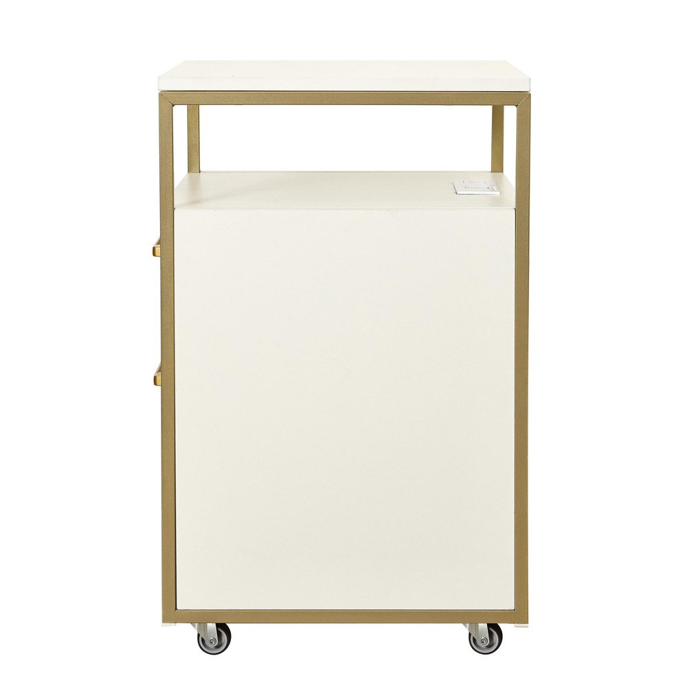 26" Black Wood And Metal Two Drawer Rolling Filing Cabinet With USB. Filing cabinet isolated on a plain white background, showing a metal surface.